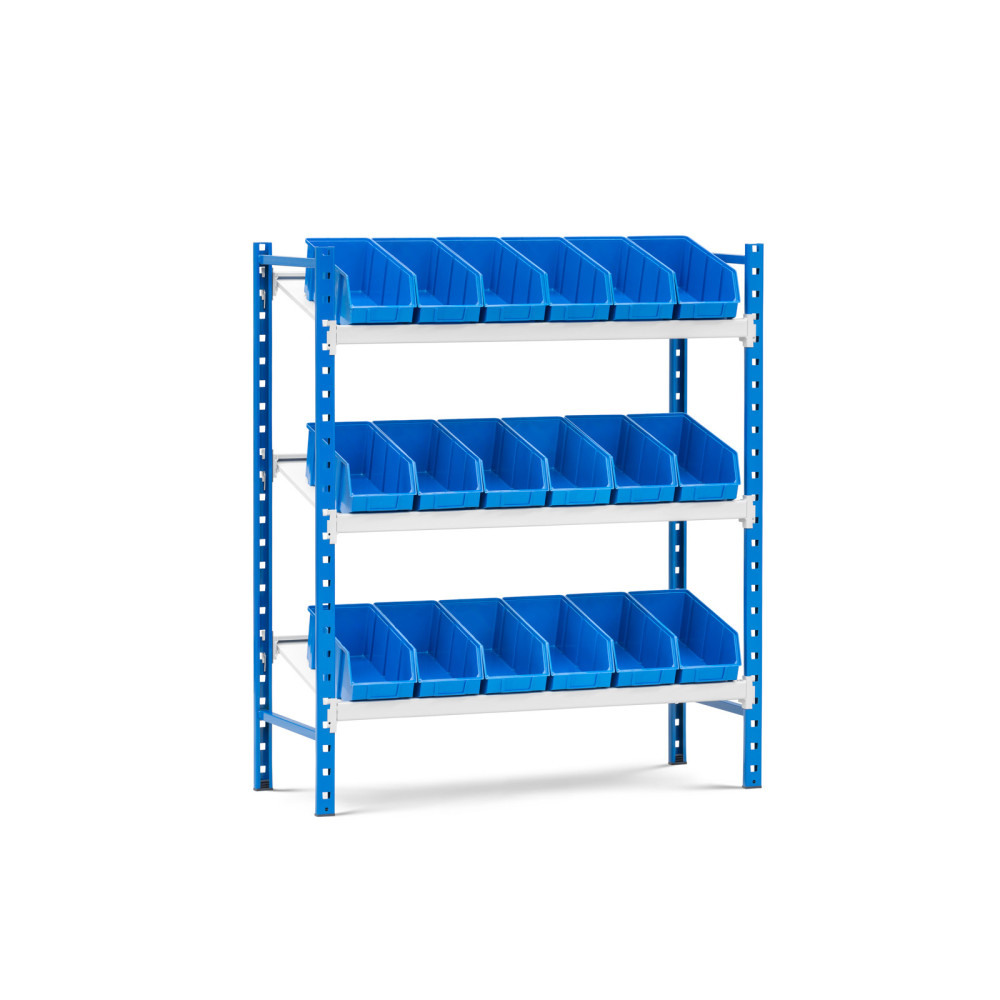 Rayonnage Rang'Eco Picking tablettes inclinées avec bacs plastiques