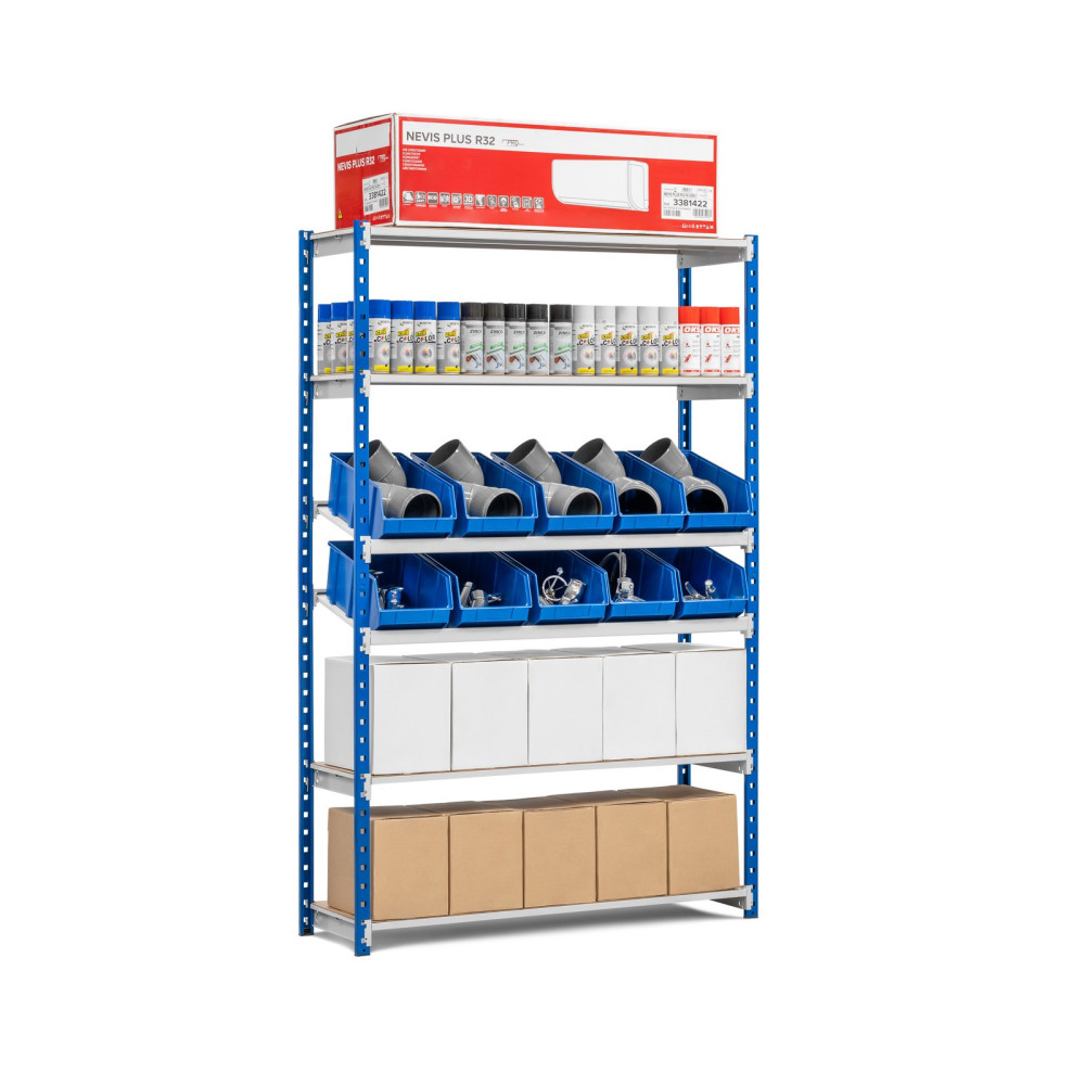 Rayonnage Rang'Eco Picking tablettes mixte avec bacs plastiques